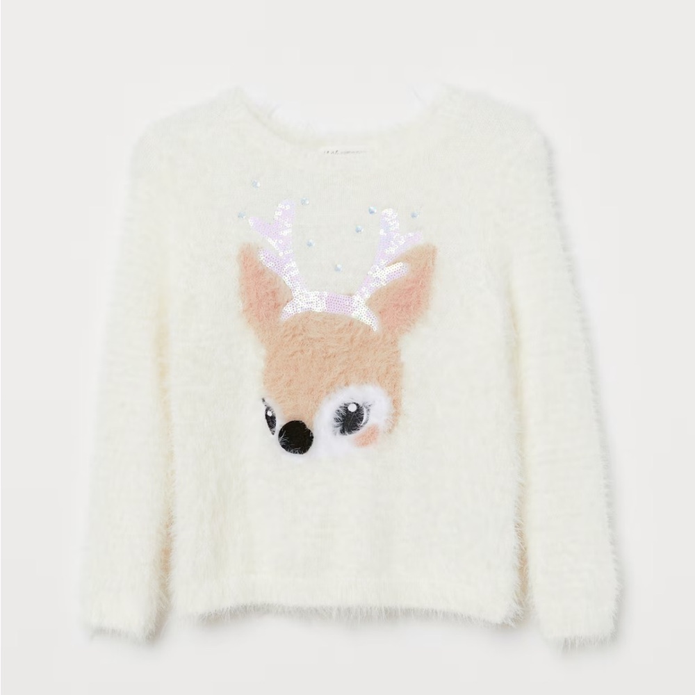 H&M Cream Fuzzy Holiday Sweater with Deer Design